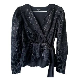 Express Black Leopard Print Blouse Tie Front with Bow, Long Sleeve, Medium Size